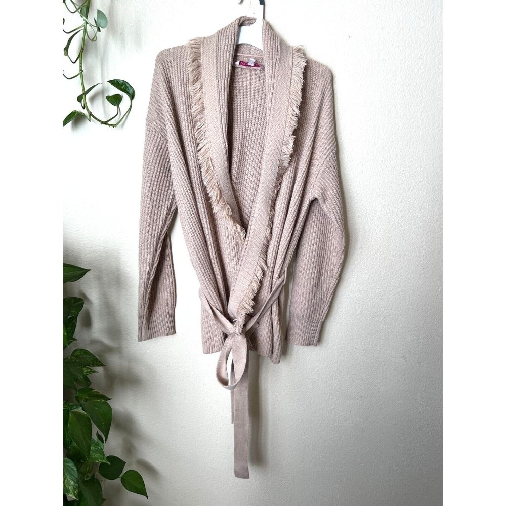 WILLOW DRIVE Women's Small S Cardigan Belted BEIGE Open Fringe Sweater